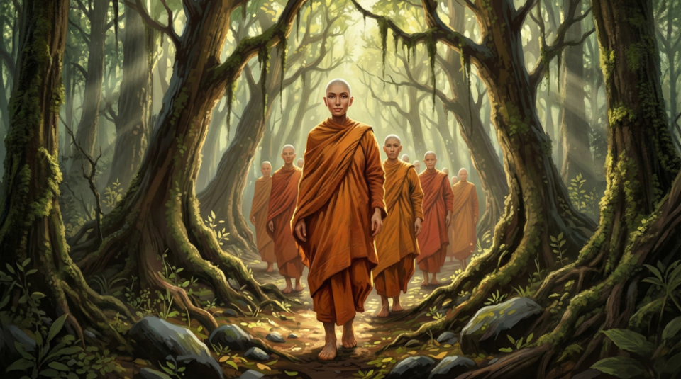 Di mẫu Kiều Đàm Di cùng 500 người nữ dòng họ Thích cạo tóc, đi chân đất, theo Đức Phật đến thành Tỳ Xá Ly (Ảnh minh họa)